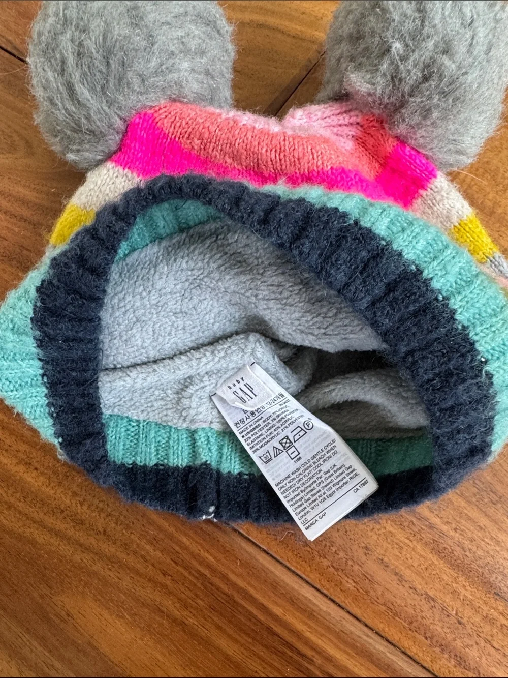 GAP Multicolor Striped Kids Beanie with Gray Pom-Poms